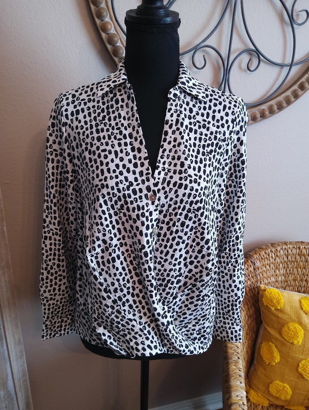 Chenault Black and White Printed Button-Front Faux Wrap Blouse